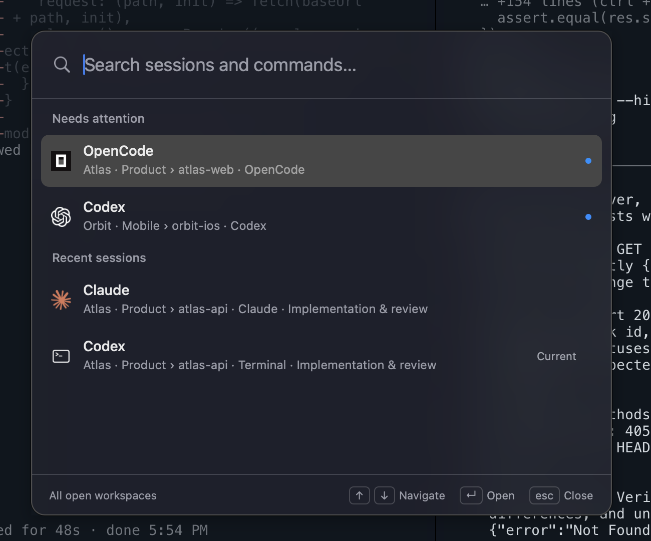 Termside's command palette listing sessions that need attention across the Atlas and Orbit workspaces
