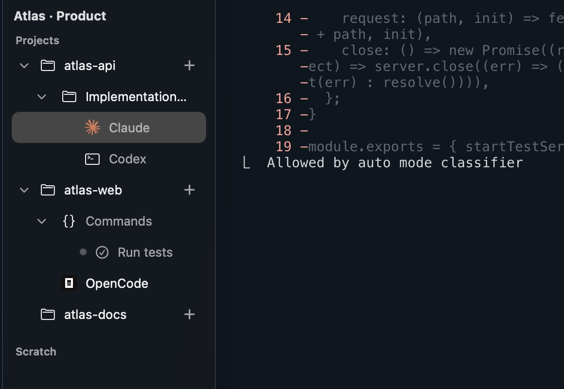 The workspace sidebar listing projects with their agent sessions and saved commands